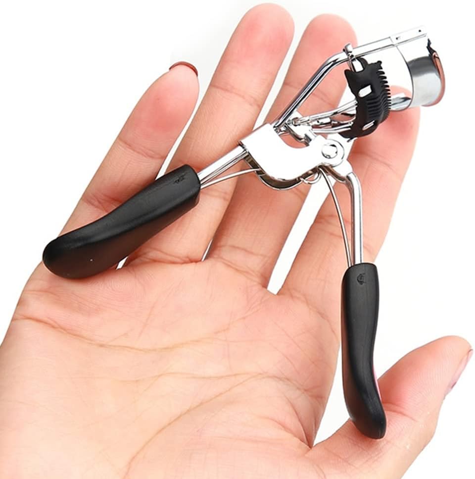 Stainless Steel Eyelash Curler with Built-in Comb Pinch Pain-Free Suitable for Any Eye Shapes and Sizes, with 5 Silicone Refill Pads (Black&Peach Heart)