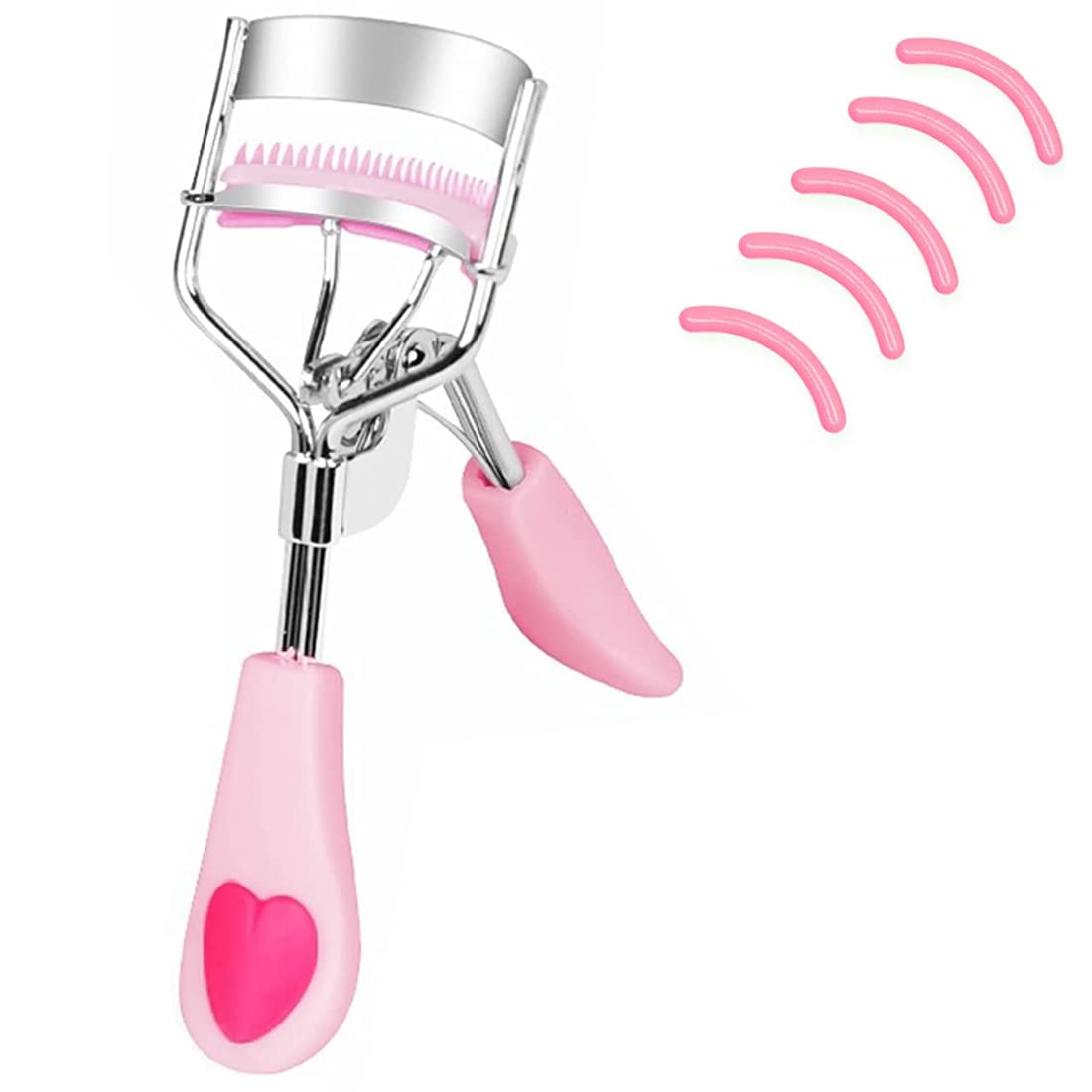 MERVK Stainless Steel Eyelash Curler with Built-in Comb Pinch Pain-Free Suitable for Any Eye Shapes and Sizes, with 5 Silicone Refill Pads (Light Pink)