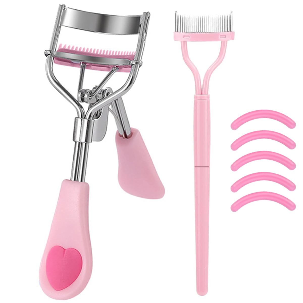 MERVK Stainless Steel Eyelash Curler with Built-in Comb Pinch Pain-Free Suitable for Any Eye Shapes and Sizes, with 5 Silicone Refill Pads (Light Pink)