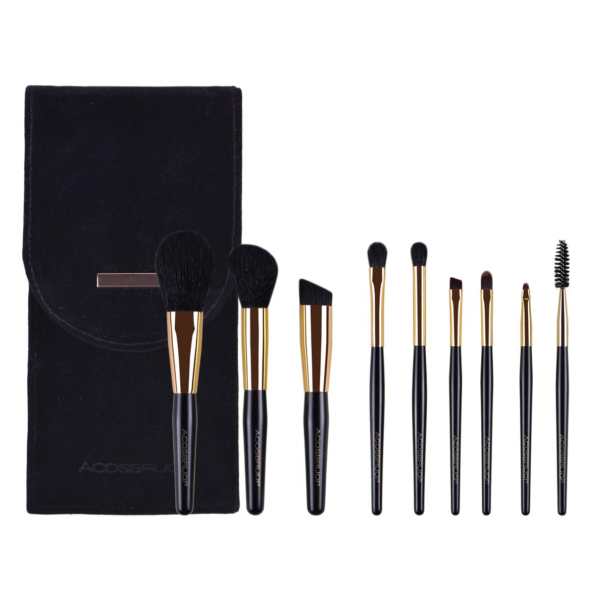Makeup Brush Set with Case, Black and Gold, 9 Piece Professional Brushes with Magnetic Closure Pouch