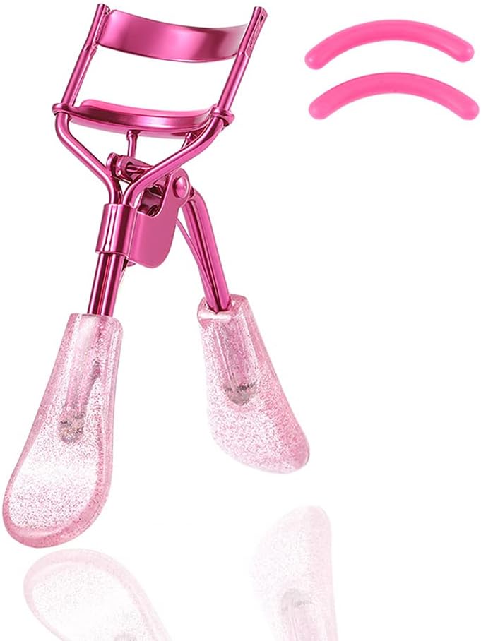 Uranian Eyelash Curlers Pink Lash Curler with 2 Silicone Refill Pads Glitter Handle Eye Lashes Curler Eyelashes Tool for Women and Girls (Pink)