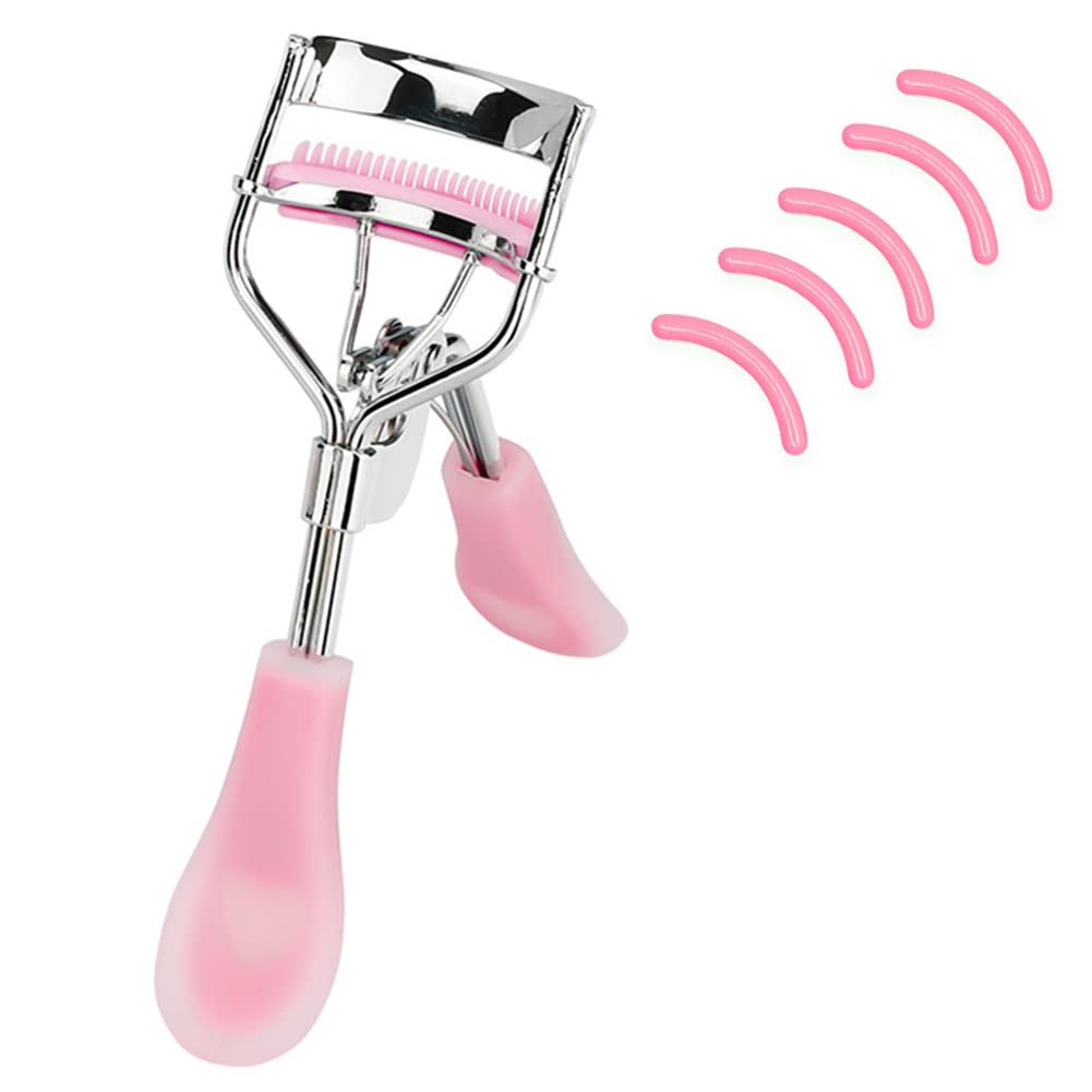MERVK Stainless Steel Eyelash Curler with Built-in Comb Pinch Pain-Free Suitable for Any Eye Shapes and Sizes, with 5 Silicone Refill Pads (Light Pink)