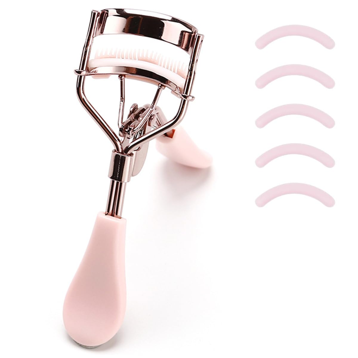 MERVK Stainless Steel Eyelash Curler with Built-in Comb Pinch Pain-Free Suitable for Any Eye Shapes and Sizes, with 5 Silicone Refill Pads (Light Pink)