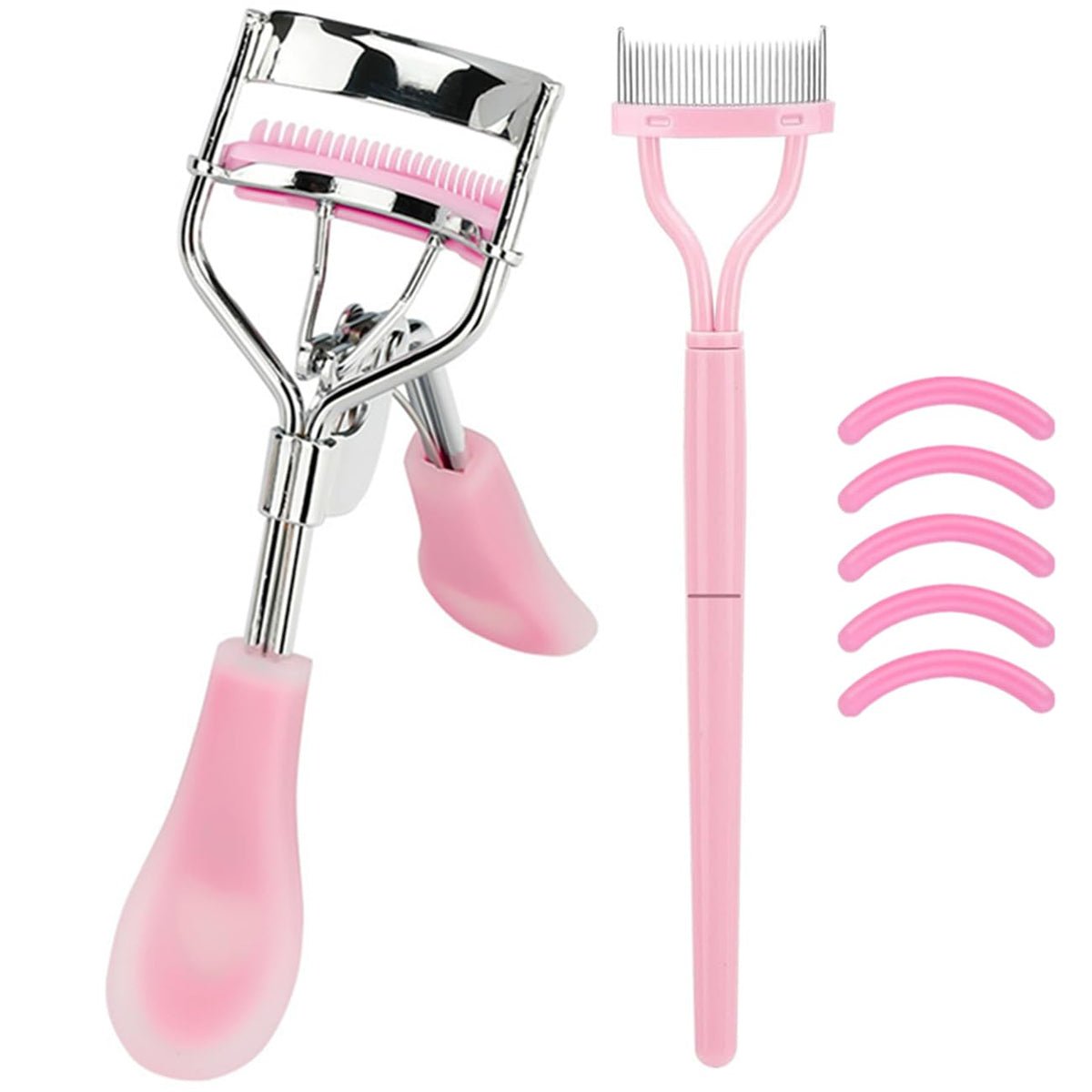 MERVK Stainless Steel Eyelash Curler with Built-in Comb Pinch Pain-Free Suitable for Any Eye Shapes and Sizes, with 5 Silicone Refill Pads (Light Pink)