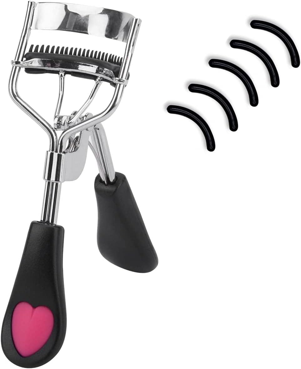 Stainless Steel Eyelash Curler with Built-in Comb Pinch Pain-Free Suitable for Any Eye Shapes and Sizes, with 5 Silicone Refill Pads (Black&Peach Heart)