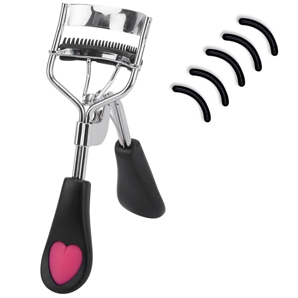 Stainless Steel Eyelash Curler with Built-in Comb Pinch Pain-Free Suitable for Any Eye Shapes and Sizes, with 5 Silicone Refill Pads (Black&Peach Heart)