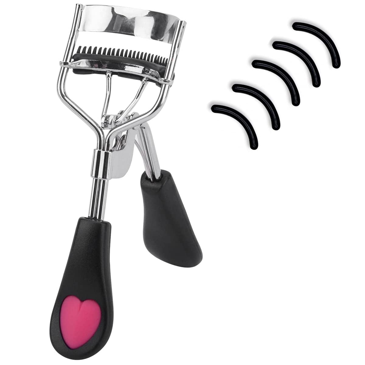 Stainless Steel Eyelash Curler with Built-in Comb Pinch Pain-Free Suitable for Any Eye Shapes and Sizes, with 5 Silicone Refill Pads (Black&Peach Heart)