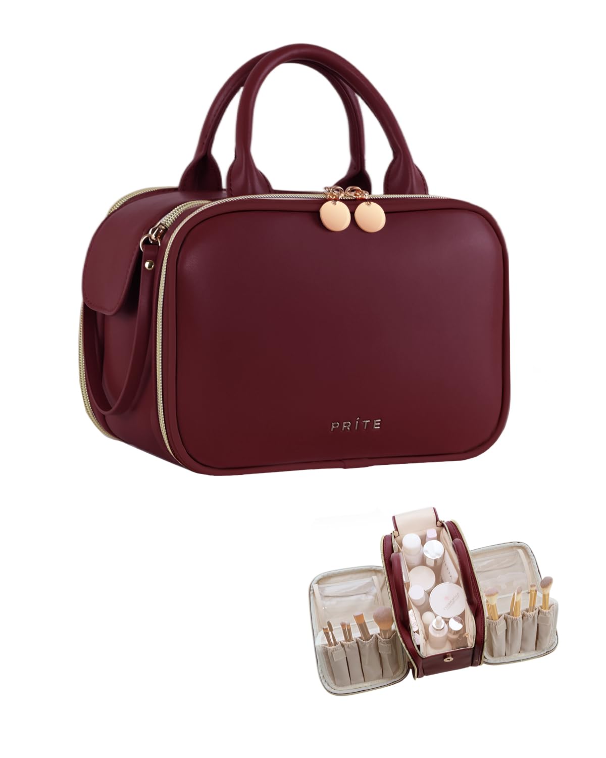 Prite Large Makeup Bag, Waterproof Travel Cosmetic Case with Brush Holder