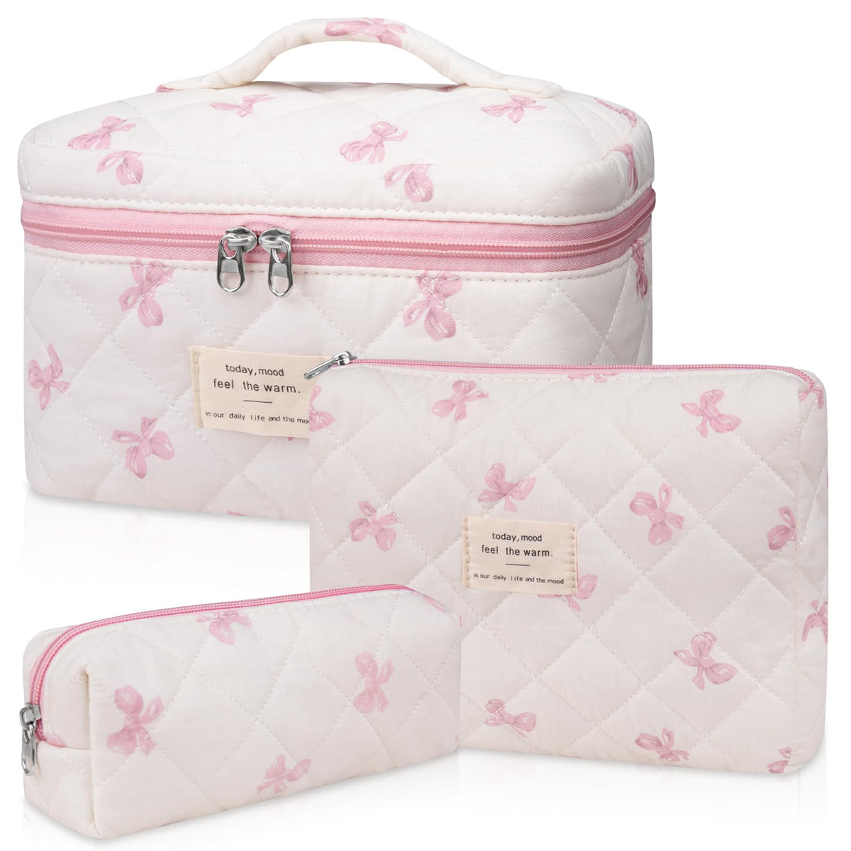 Gosect Makeup Bag, Large Quilted Cosmetic Bag, Big Floral Make Up Bag for Women Girls, Cute Cotton Makeup Bag Set, Flower Travel Toiletry Organizer Bag (Blue Flower)