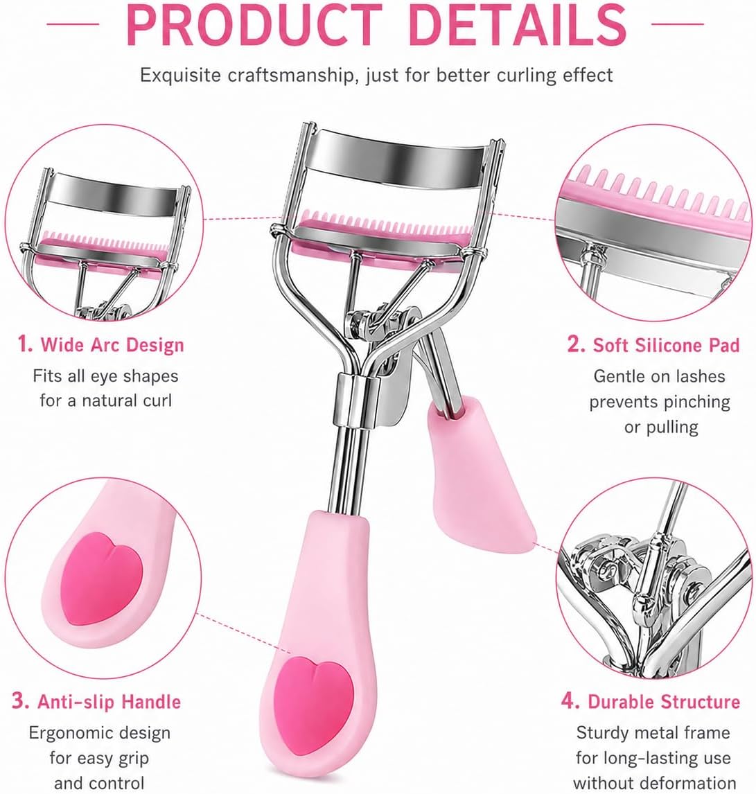 MERVK Stainless Steel Eyelash Curler with Built-in Comb Pinch Pain-Free Suitable for Any Eye Shapes and Sizes, with 5 Silicone Refill Pads (Light Pink)