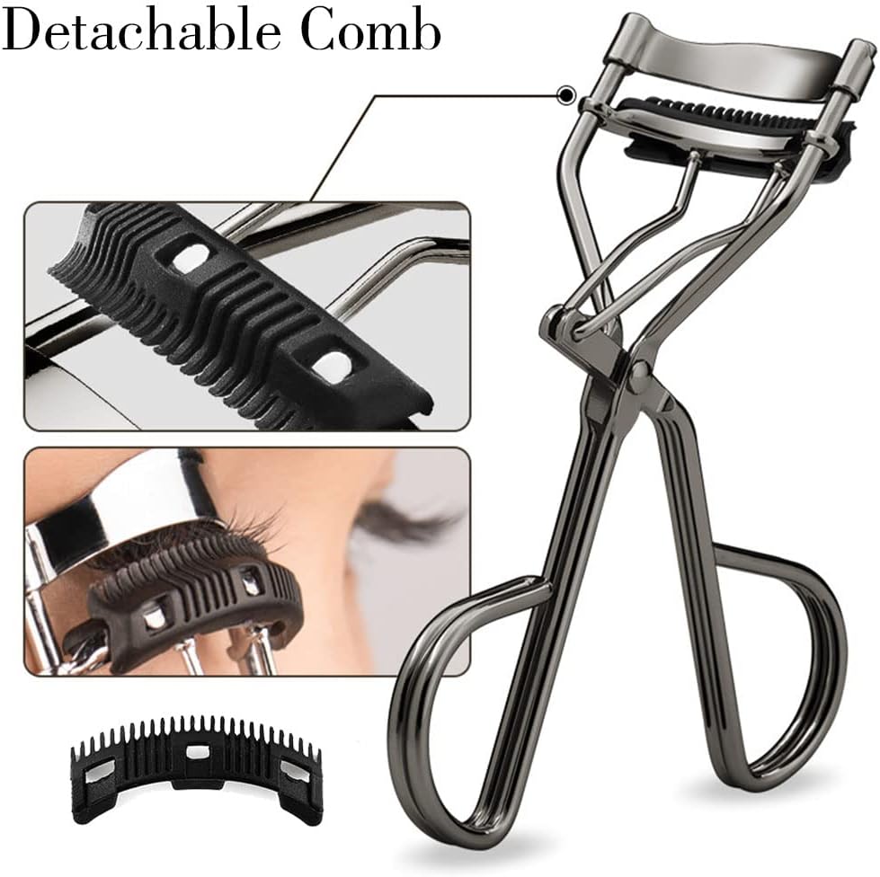 Uranian Eyelash Curlers with Built-in Comb Beauty Eyelashes Curlers Eyelash Cliper with 2 Replacement Silicone Refill Pads Premium Lash Curler Makeup Tool for Women and Girls (2 Black-Black Comb)