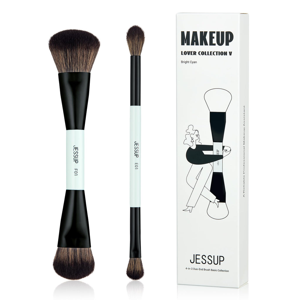 Jessup Makeup Brushes Set 10pcs, Double Sided Foundation Contour Blush Highlight Blending Eyebrow Brush Eyeshadow Eyeliner Concealer Brush, Bright Cyan Cruelty Free Cosmetic Tools T500