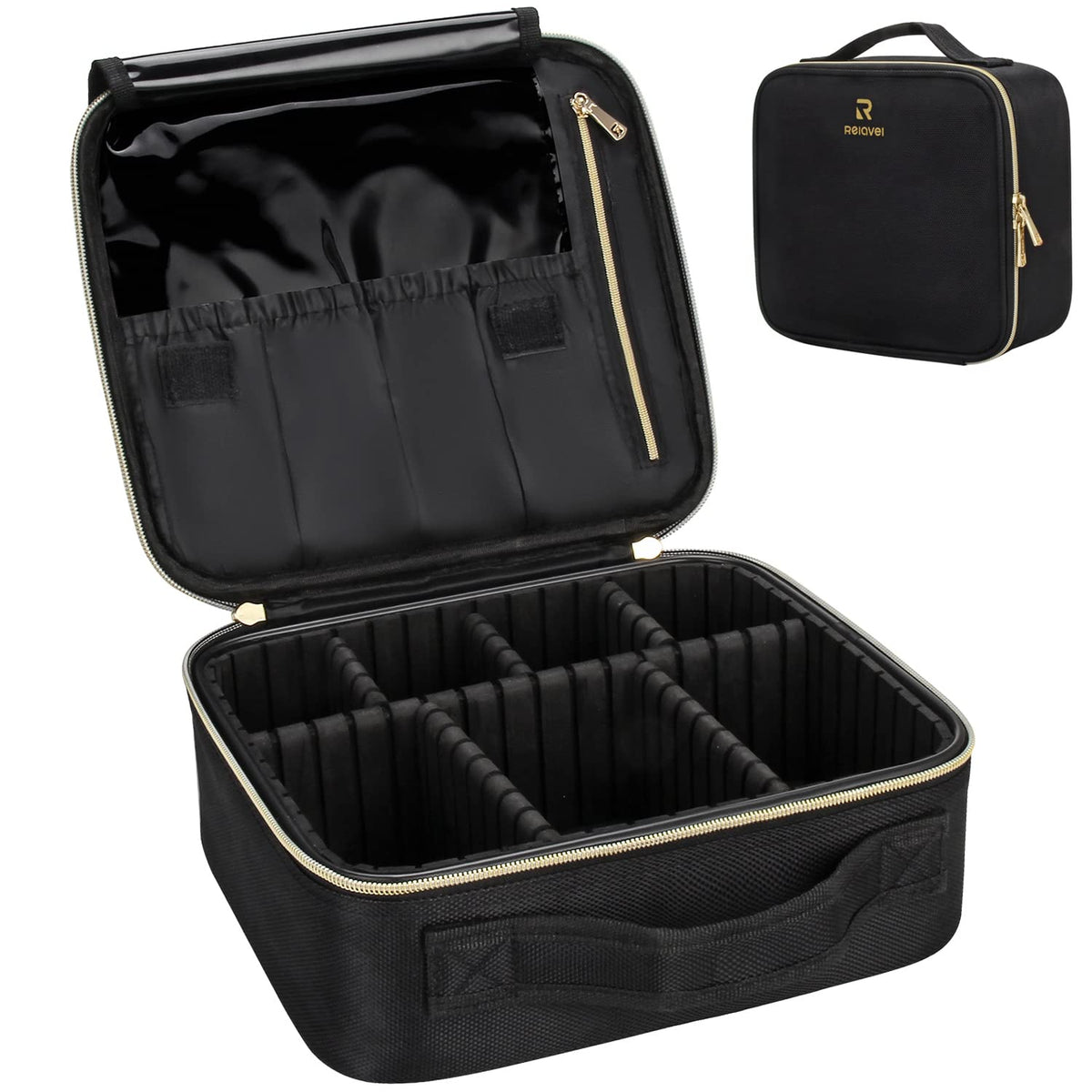 Relavel Travel Makeup Train Case Makeup Cosmetic Case Organizer Portable Artist Storage Bag with Adjustable Dividers for Cosmetics Makeup Brushes Toiletry Jewelry Digital Accessories Black