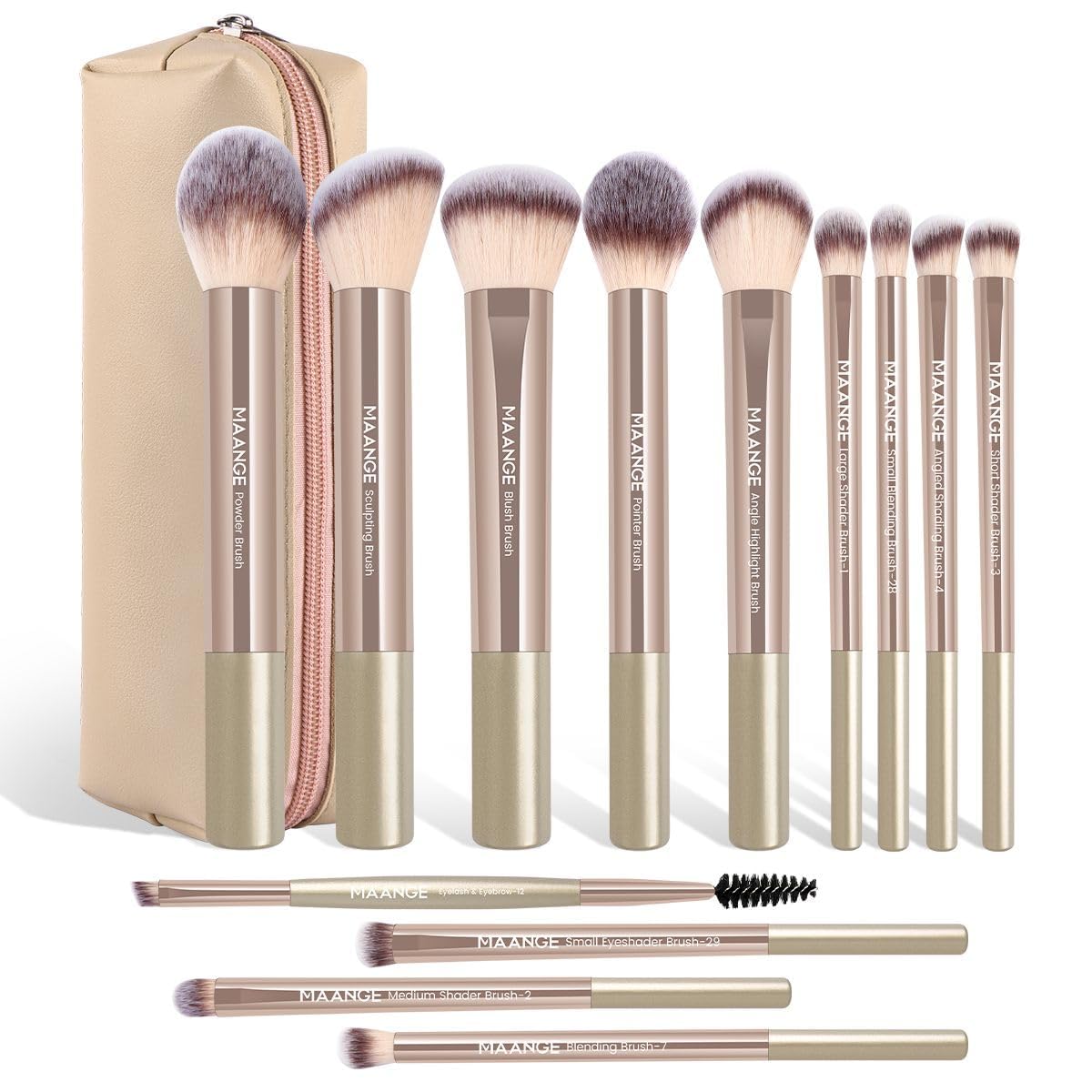MAANGE 13 PCS Makeup Brushes Professional Make Up Brushes Premium Synthetic Powder Concealers Brushes Travel Makeup Brush Set with Case (Coffee)