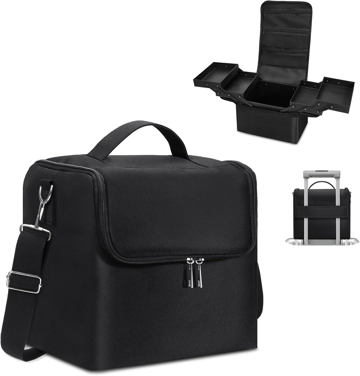 Large Makeup Carrying Train Case for Women, 4 Tier Travel Bag Box, Black