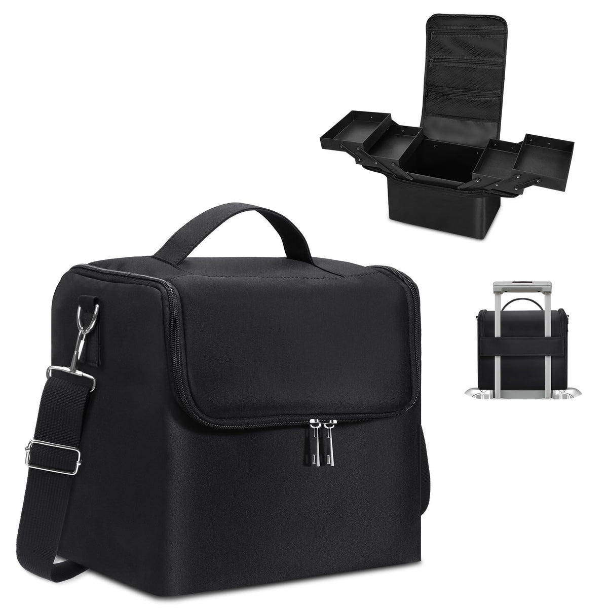 Large Makeup Carrying Train Case for Women, 4 Tier Travel Bag Box, Black