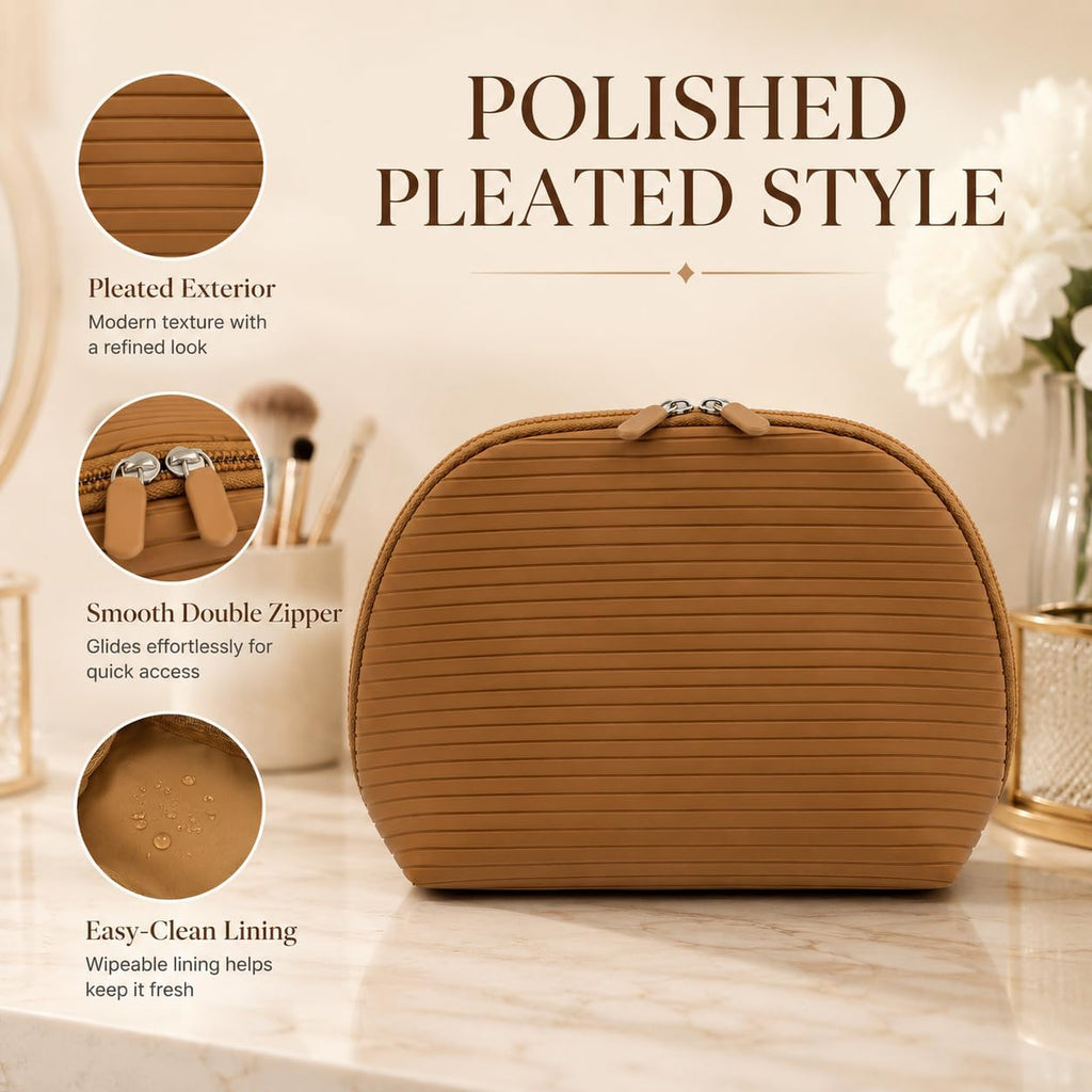 Standing Fold Down Parallel Travel Makeup Bag for Women, Cosmetic Organizer with Multi-Compartments, Stand Bag Organizes skincare, Makeup and Brushes (Premium Version, Vicuna, Medium)