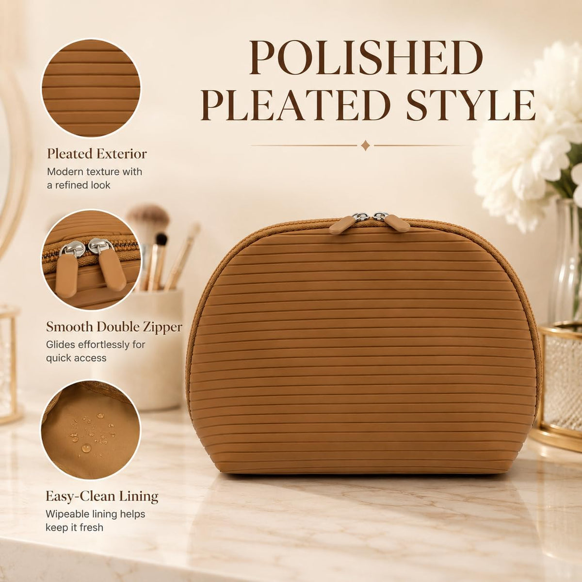 Standing Fold Down Parallel Travel Makeup Bag for Women, Cosmetic Organizer with Multi-Compartments, Stand Bag Organizes skincare, Makeup and Brushes (Premium Version, Vicuna, Medium)