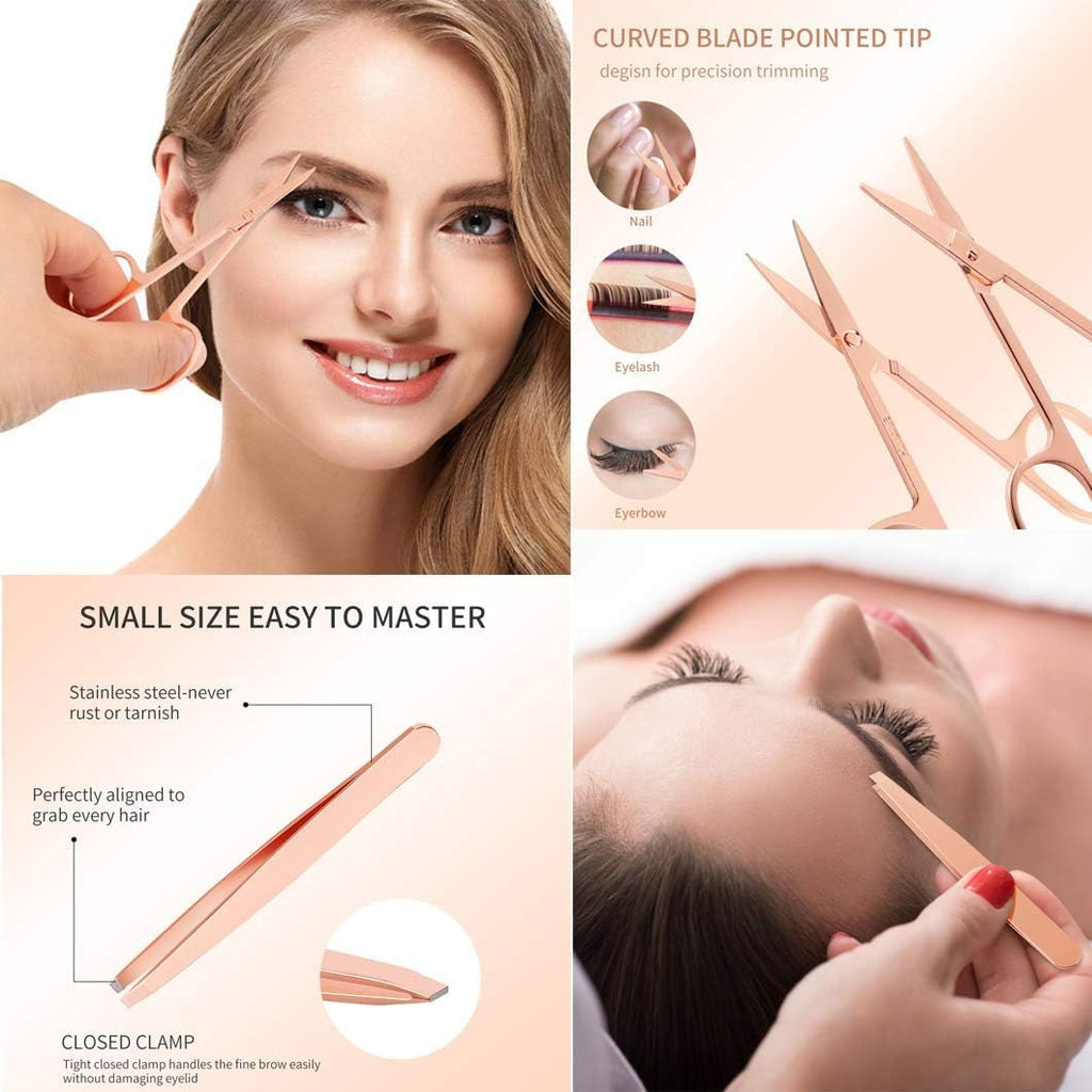 Arroyner 5 Pieces Eyelash Applicator Tool False Eyelashes Applicator Eyebrow Curler Eyebrow Scissors (Rose Golden)