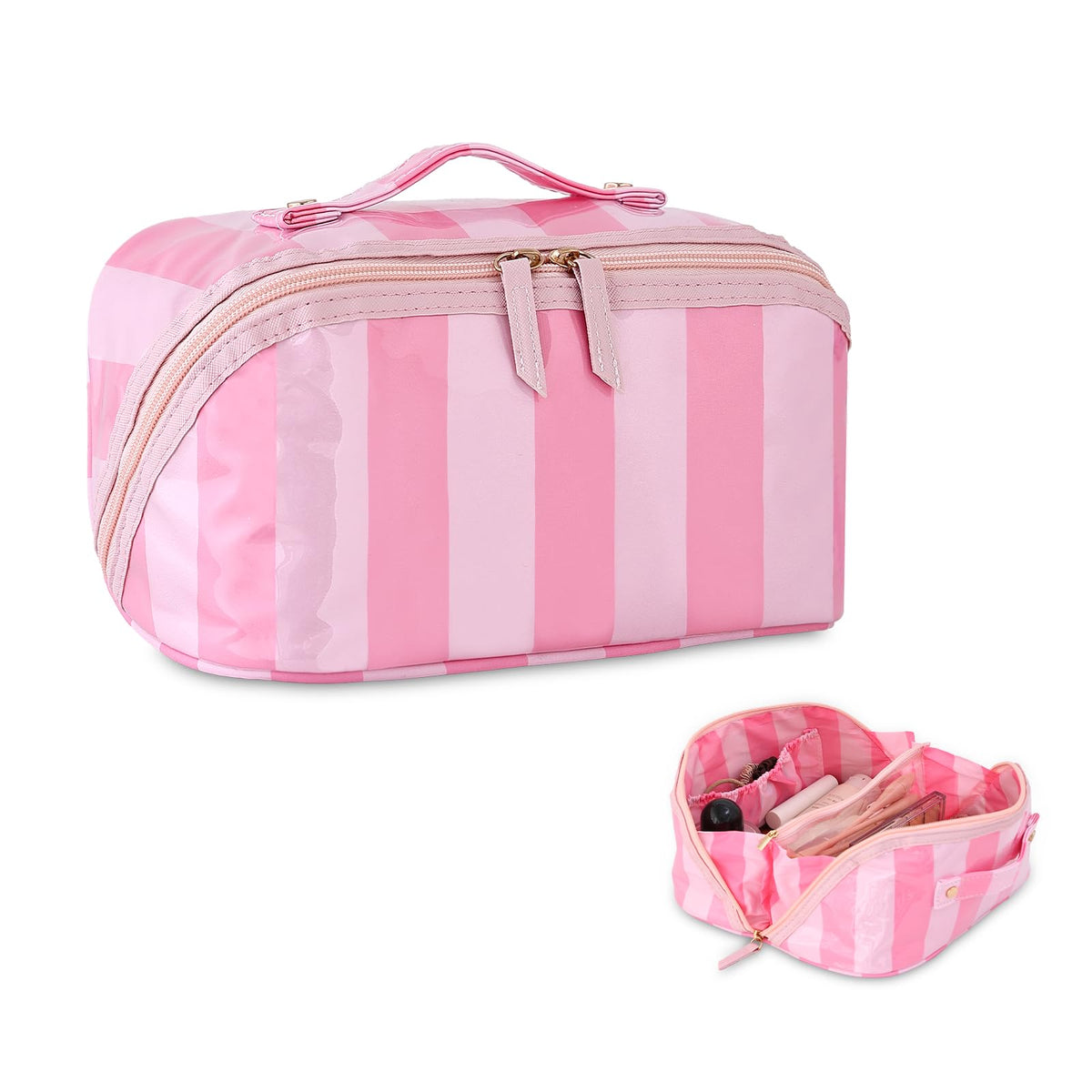 DYSHAYEN Travel Makeup Bag, Pink and Orange Striped