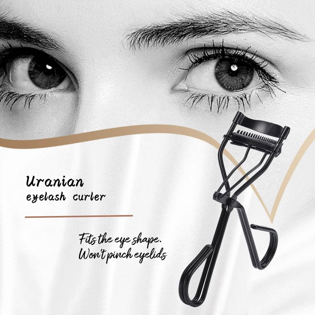 Uranian Eyelash Curlers with Built-in Comb Beauty Eyelashes Curlers Eyelash Cliper with 2 Replacement Silicone Refill Pads Premium Lash Curler Makeup Tool for Women and Girls (2 Black-Black Comb)