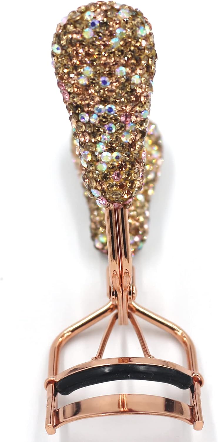 Bling Makeup Eyelash Curler with Refill Silicone Pressure Pads and Spring Loaded for No Pinching or Pulling (Gold)