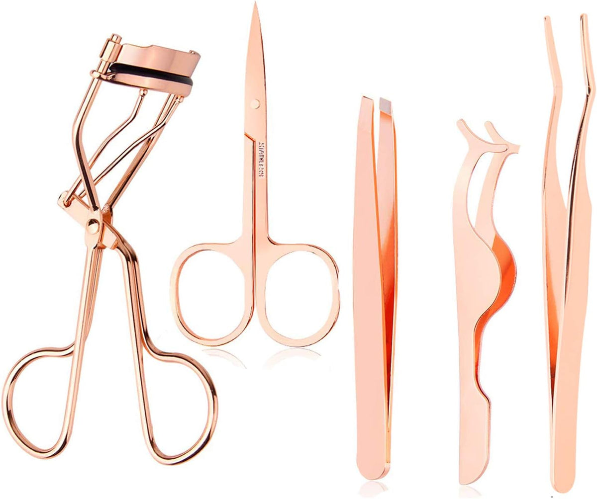 Arroyner 5 Pieces Eyelash Applicator Tool False Eyelashes Applicator Eyebrow Curler Eyebrow Scissors (Rose Golden)