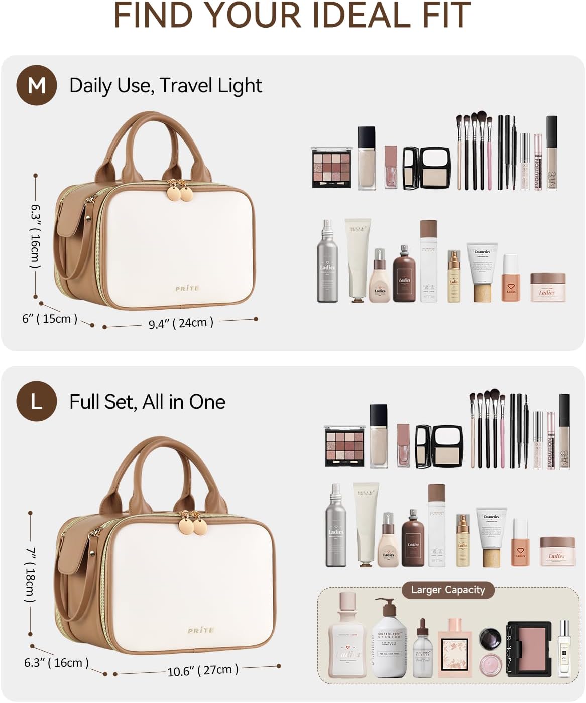 Prite Large Makeup Bag, Waterproof Travel Cosmetic Case with Brush Holder
