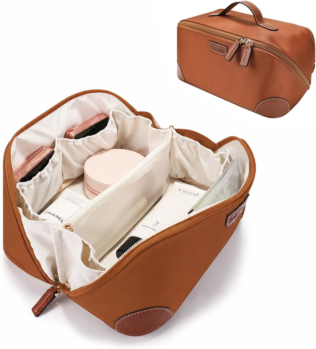 GIVLEFLY Travel Makeup Bag for Women, Flat Open Cosmetic Organizer