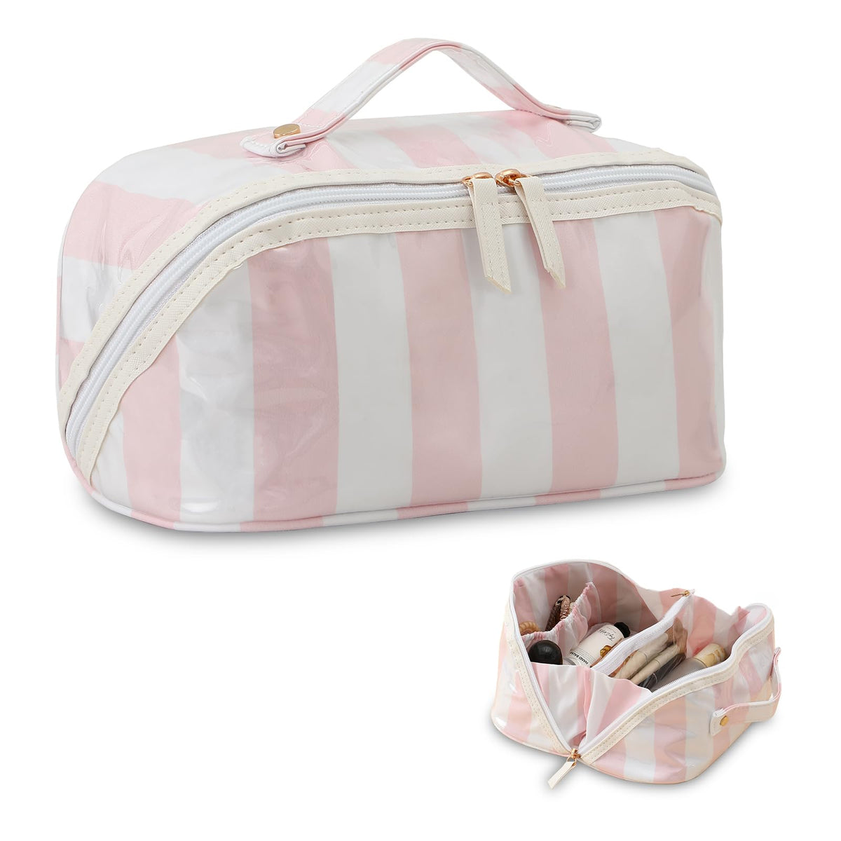 DYSHAYEN Travel Makeup Bag, Pink and Orange Striped