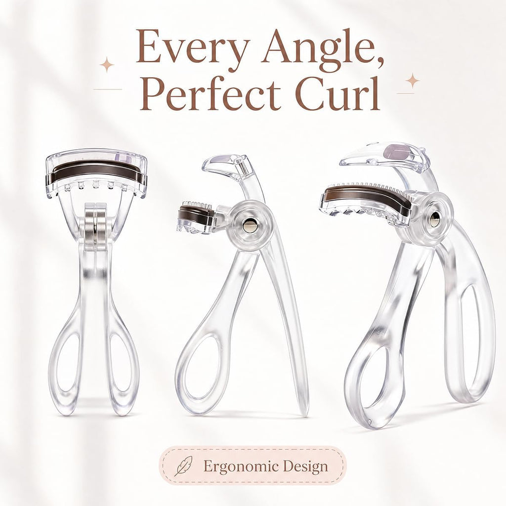 Wide Angle Eyelash Curler with Comb, Pinch Free Lash Curler, White
