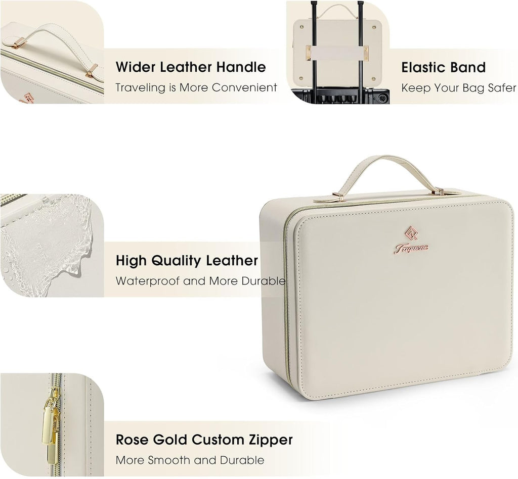 Faquenc Leather Makeup Case with LED Lighted Mirror 11.4 Inch Travel Makeup Bag Adjustable Brightness in 3 Colors Cosmetic Organizer Artist Storage Bag with Dividers Brush Holder Bag Vanity White
