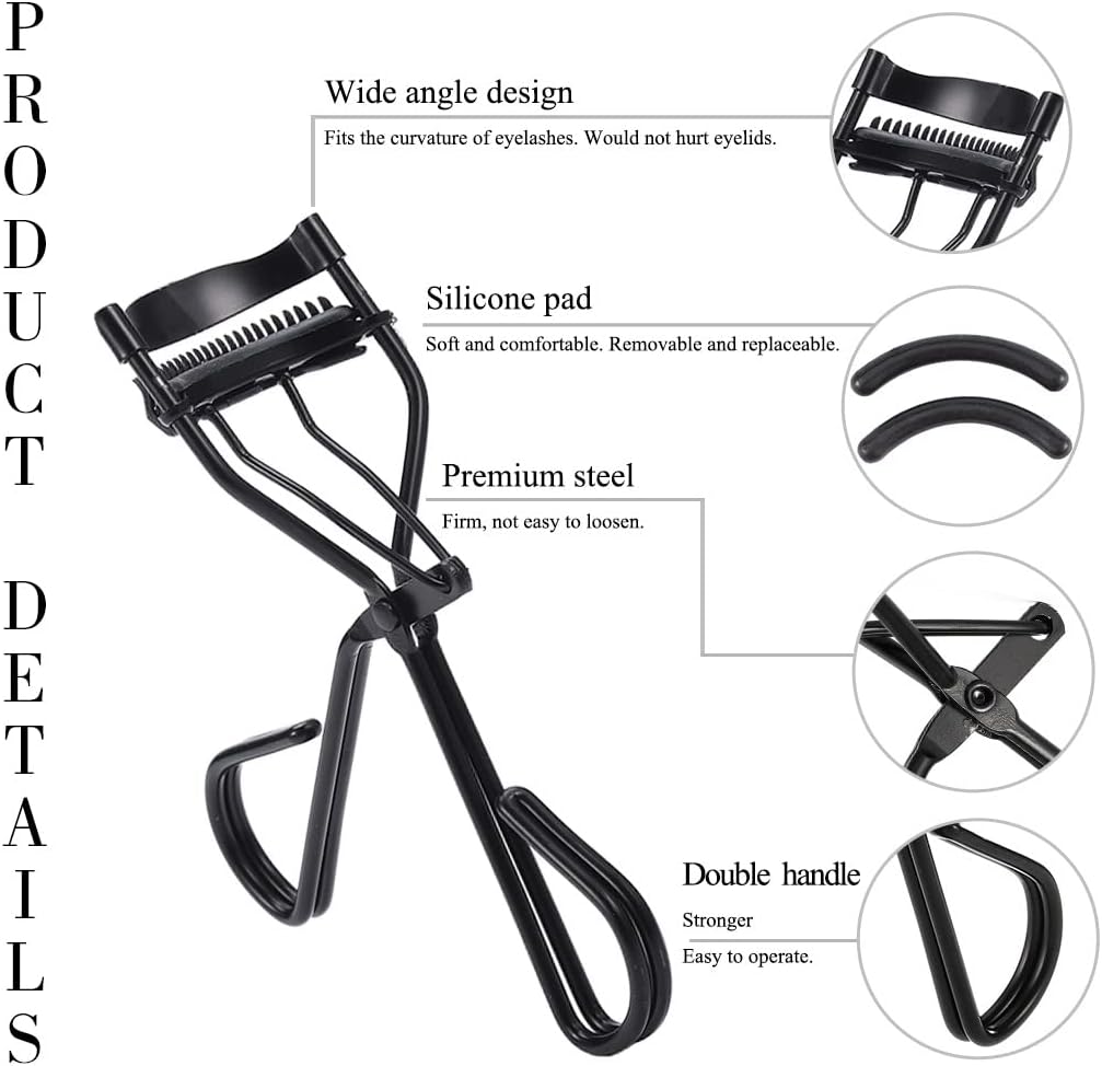 Uranian Eyelash Curlers with Built-in Comb Beauty Eyelashes Curlers Eyelash Cliper with 2 Replacement Silicone Refill Pads Premium Lash Curler Makeup Tool for Women and Girls (2 Black-Black Comb)