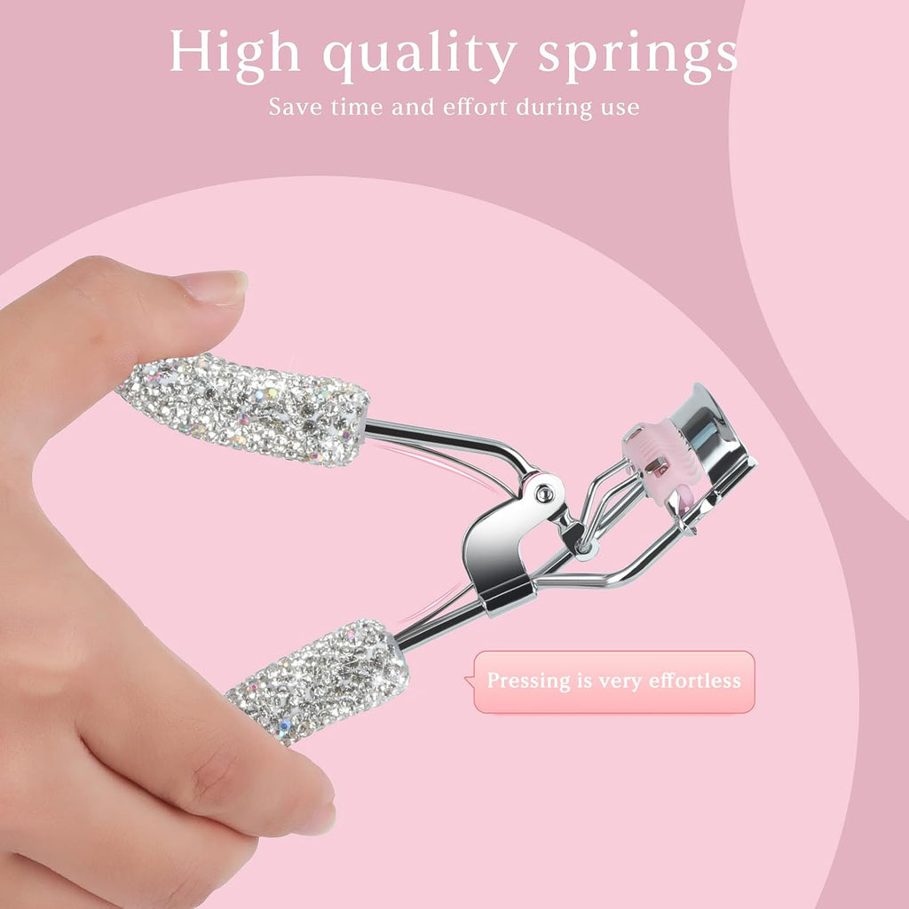 Bling Rhinestone Eyelash Curlers with Built-in Comb Natural and Long Lasting Eyelash Fit for All Eye Shape Curved Lash Curler for Daily Makeup (White AB)