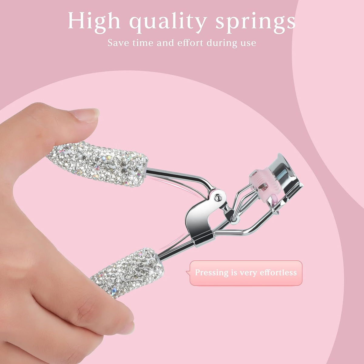 Bling Rhinestone Eyelash Curlers with Built-in Comb Natural and Long Lasting Eyelash Fit for All Eye Shape Curved Lash Curler for Daily Makeup (White AB)