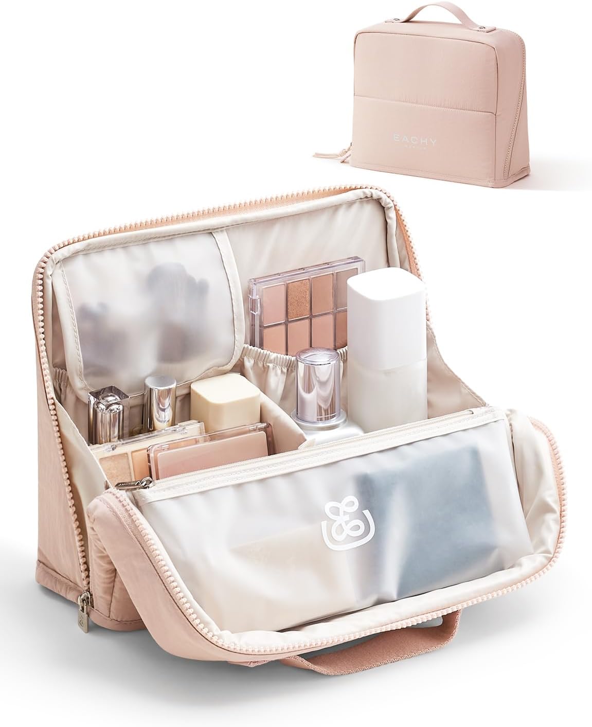 EACHY Standing Makeup Bag - Waterproof Cosmetic Bag & Toiletry Bag Organizer with Phone Holder, Detachable Dividers, Wipe-Clean Brush Pouch for Women