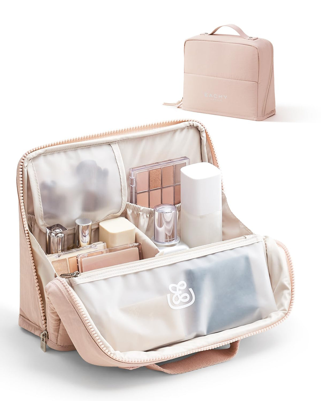 EACHY Standing Makeup Bag - Waterproof Cosmetic Bag & Toiletry Bag Organizer with Phone Holder, Detachable Dividers, Wipe-Clean Brush Pouch for Women