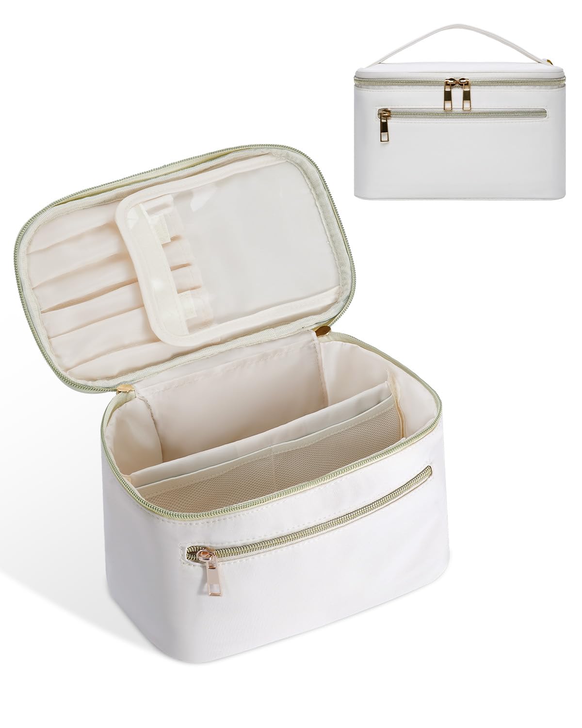 Wandering Nature Makeup Bag, Travel Make Up Organizer Cosmetic Brush Bags Case for Women in Vegan Leather, Milky White, Patent Pending