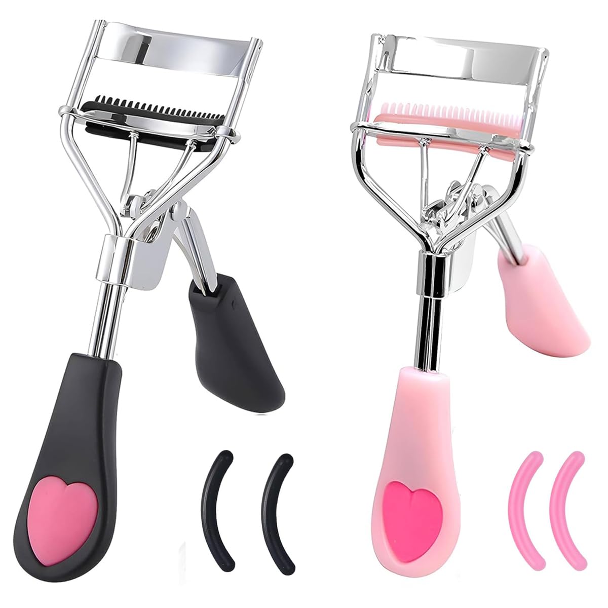 MERVK Stainless Steel Eyelash Curler with Built-in Comb Pinch Pain-Free Suitable for Any Eye Shapes and Sizes, with 5 Silicone Refill Pads (Light Pink)