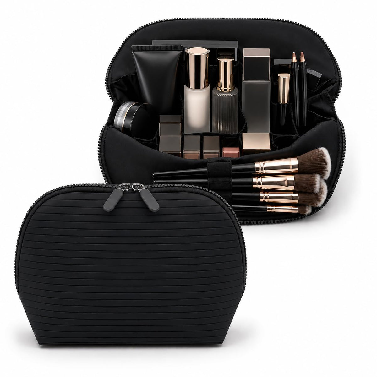Standing Fold Down Parallel Travel Makeup Bag for Women, Cosmetic Organizer with Multi-Compartments, Stand Bag Organizes skincare, Makeup and Brushes (Premium Version, Vicuna, Medium)