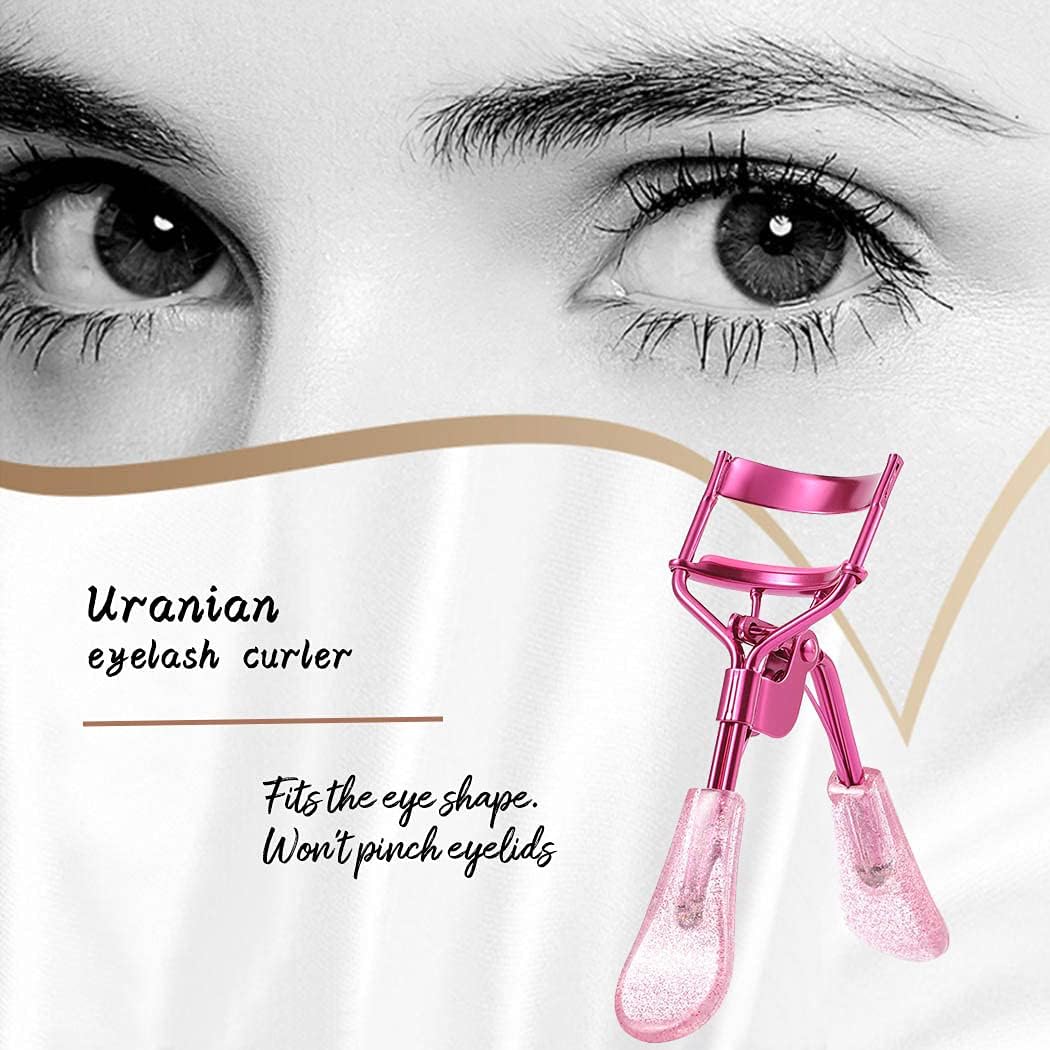 Uranian Eyelash Curlers Pink Lash Curler with 2 Silicone Refill Pads Glitter Handle Eye Lashes Curler Eyelashes Tool for Women and Girls (Pink)