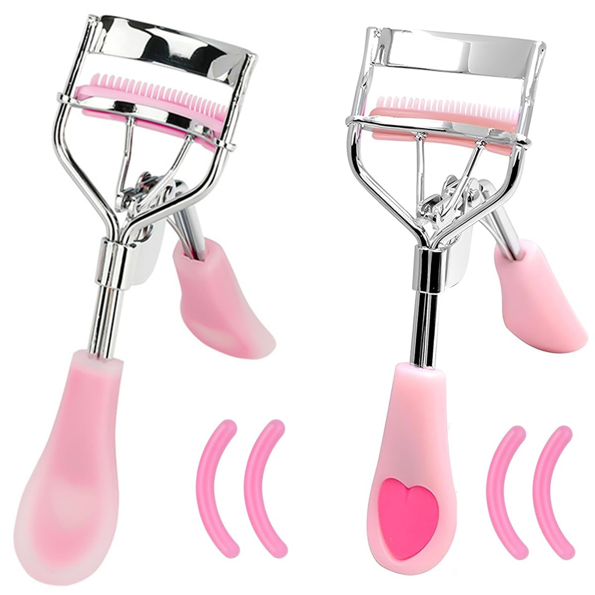 MERVK Stainless Steel Eyelash Curler with Built-in Comb Pinch Pain-Free Suitable for Any Eye Shapes and Sizes, with 5 Silicone Refill Pads (Light Pink)