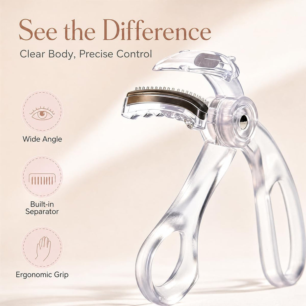 Wide Angle Eyelash Curler with Comb, Pinch Free Lash Curler, White