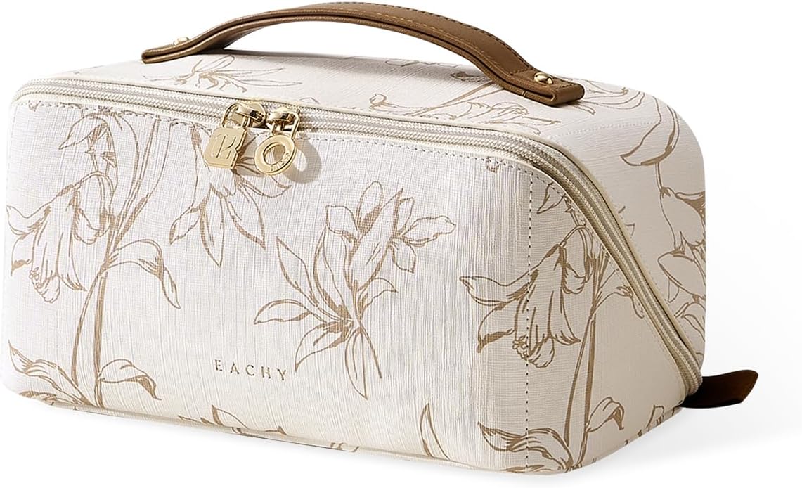 EACHY Travel Makeup Bag, Floral Cosmetic Bag for Women, Beige, Medium