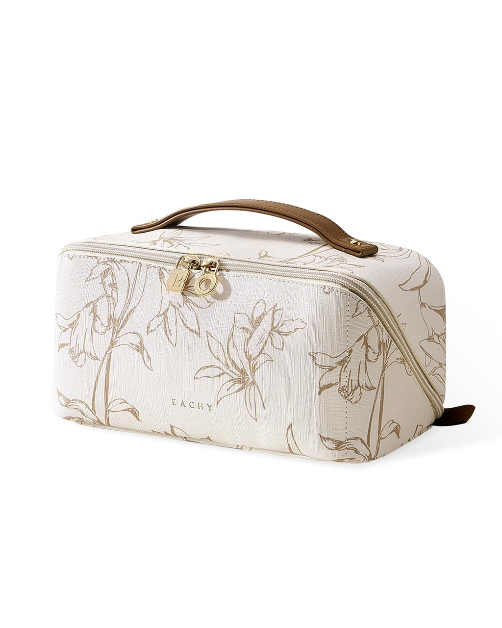 EACHY Travel Makeup Bag, Floral Cosmetic Bag for Women, Beige, Medium