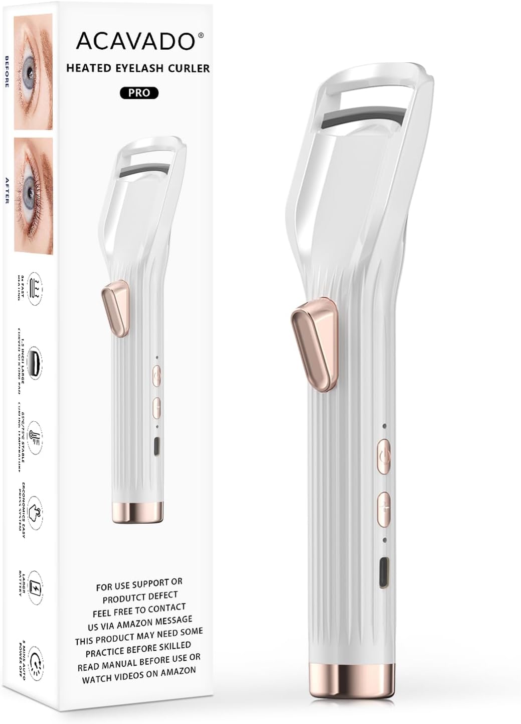 Heated Eyelash Curler Premium PRO - Fast Heat up in 8s - 24 Hours Long Lasting - Rechargeable Electric Eyelash Curler with Type-C, Innovative L Silicone, 2 Heat Modes, Anti-Burn Eyelid, White-EC