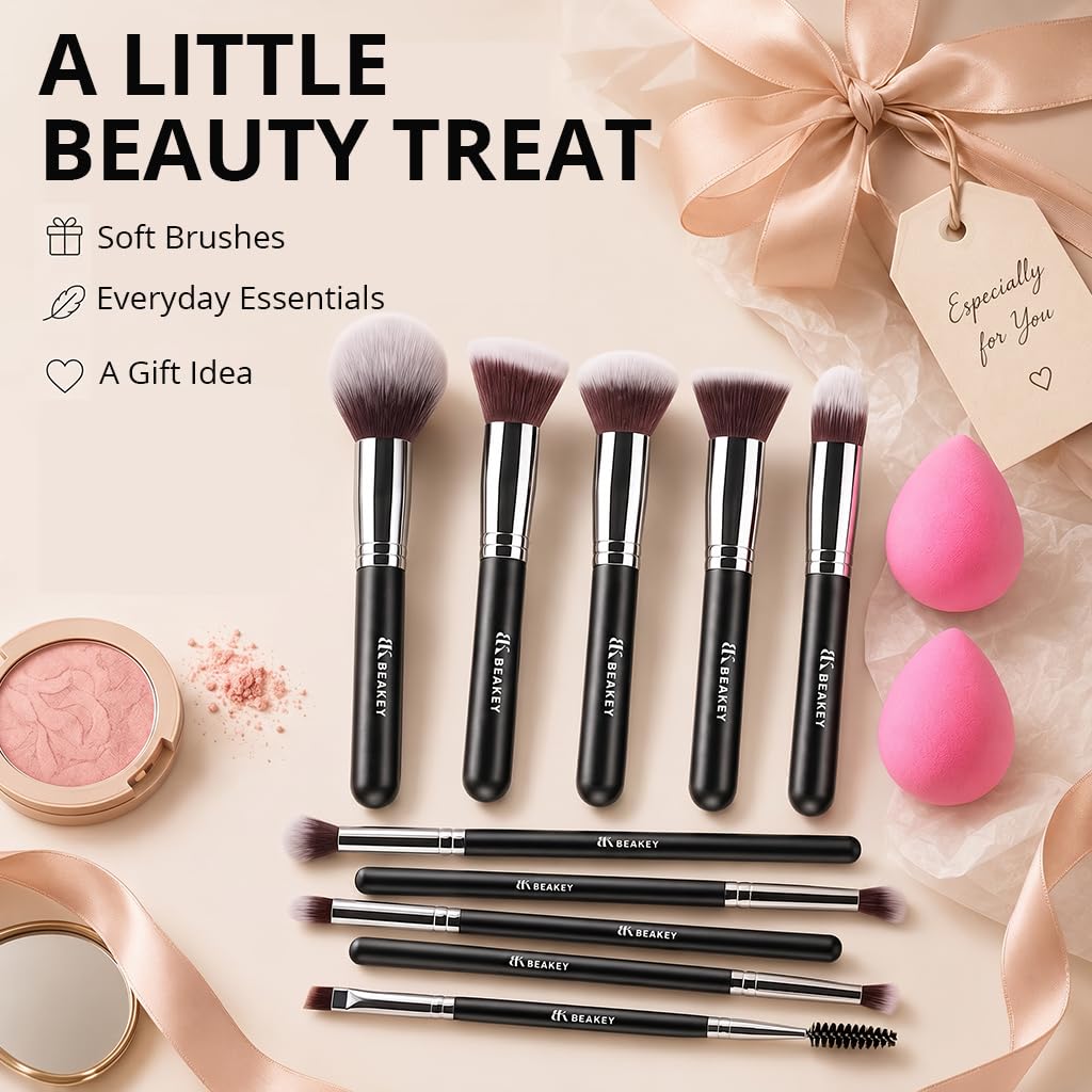 BEAKEY Makeup Brushes set with 2 Blending Sponges,10 Brush Face and Eye Set