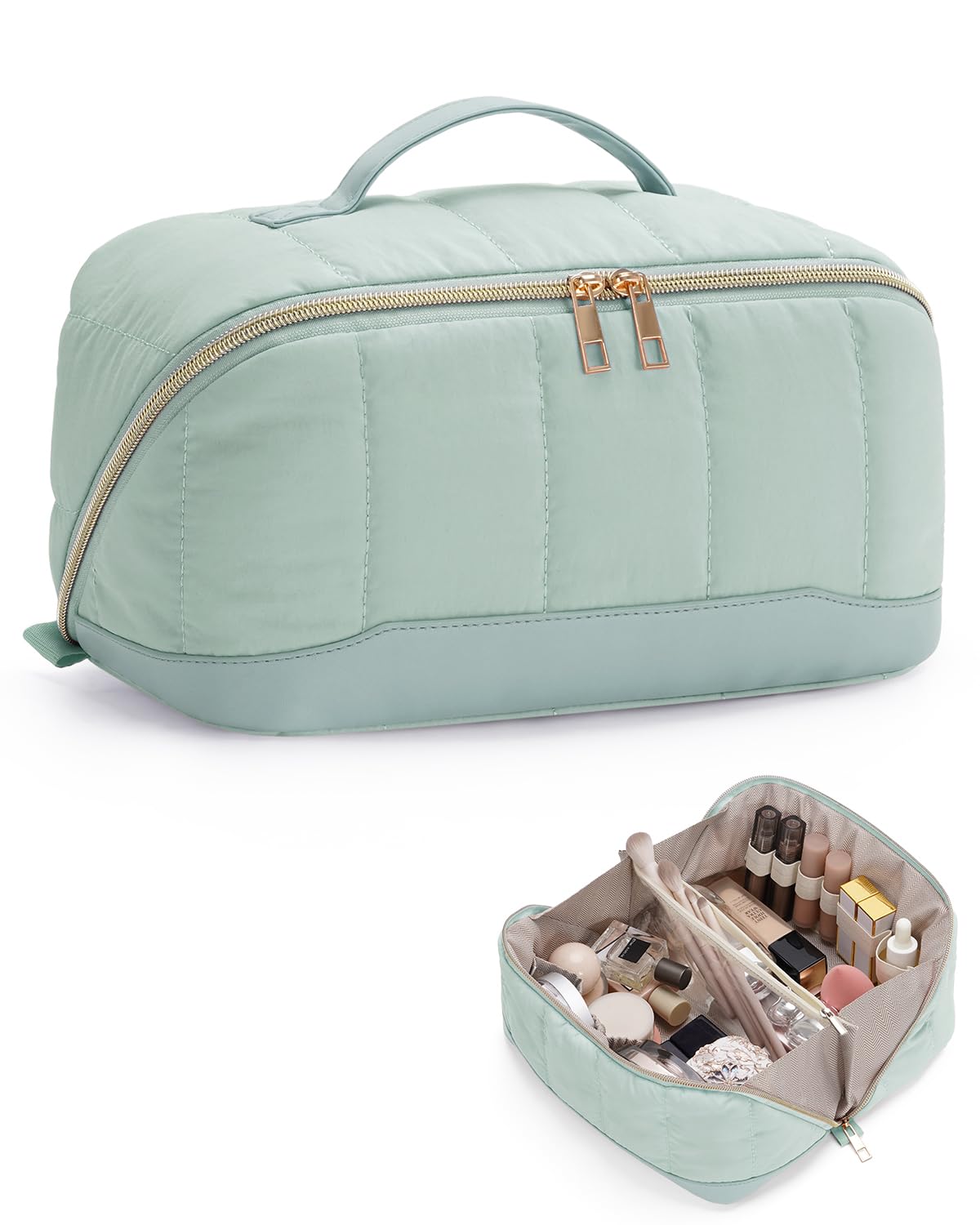 Makeup Bag for Women, Open Flat Puffy Organizer with Wipe-Clean PVC Lining