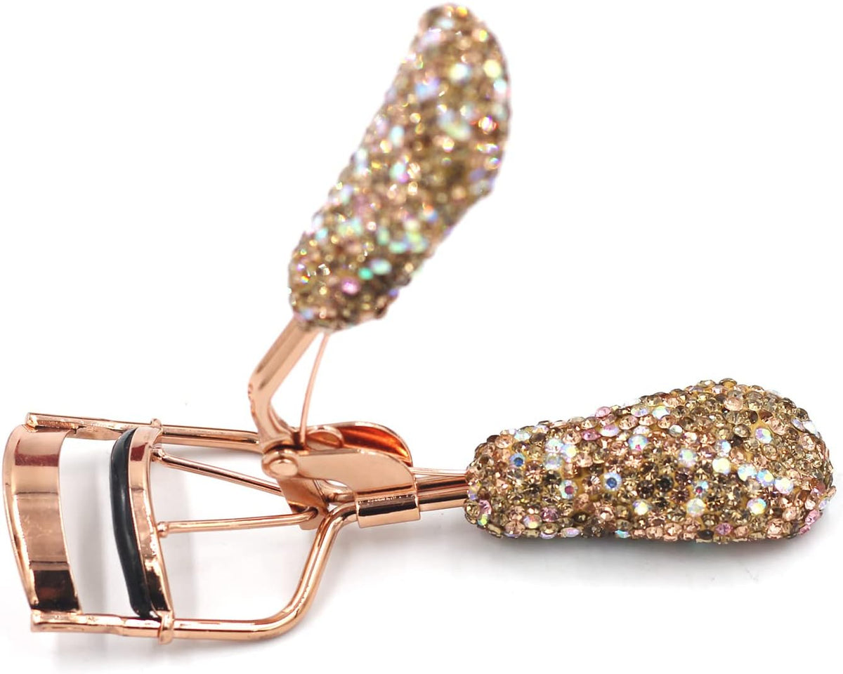 Bling Makeup Eyelash Curler with Refill Silicone Pressure Pads and Spring Loaded for No Pinching or Pulling (Gold)