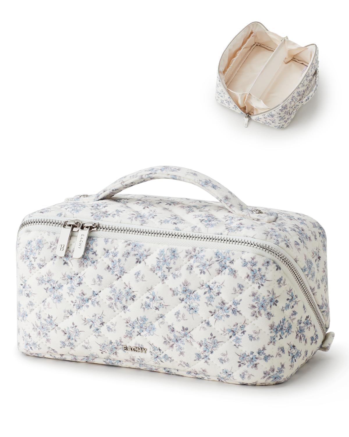 EACHY Travel Makeup Bag, Floral Cosmetic Bag for Women, Beige, Medium